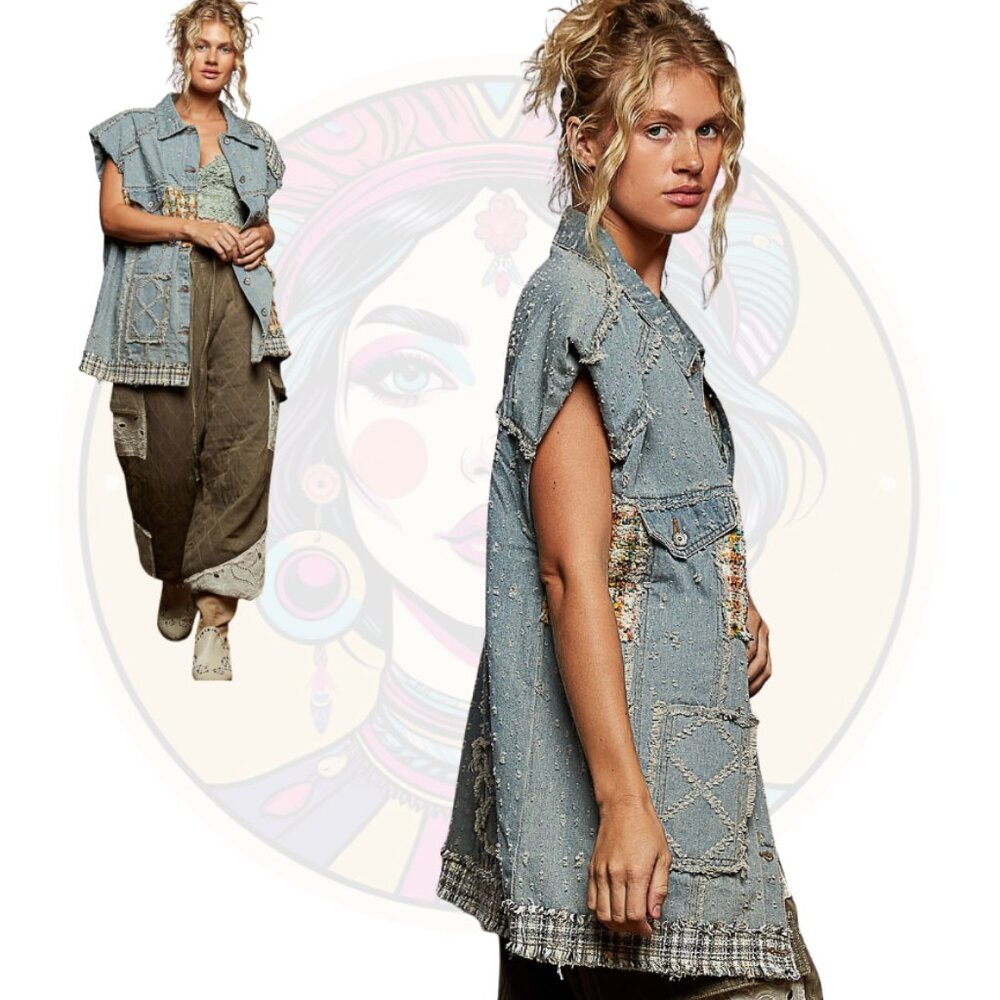 POL Blue and Gray Patchwork Vest - Picture 2 of 3